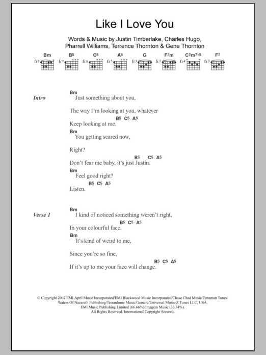 Justin Timberlake Like I Love You sheet music notes and chords. Download Printable PDF.