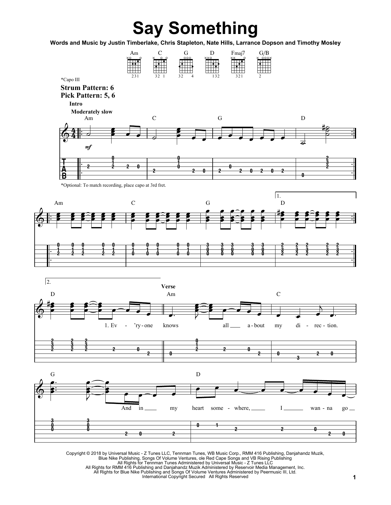 Justin Timberlake Say Something (feat. Chris Stapleton) sheet music notes and chords. Download Printable PDF.