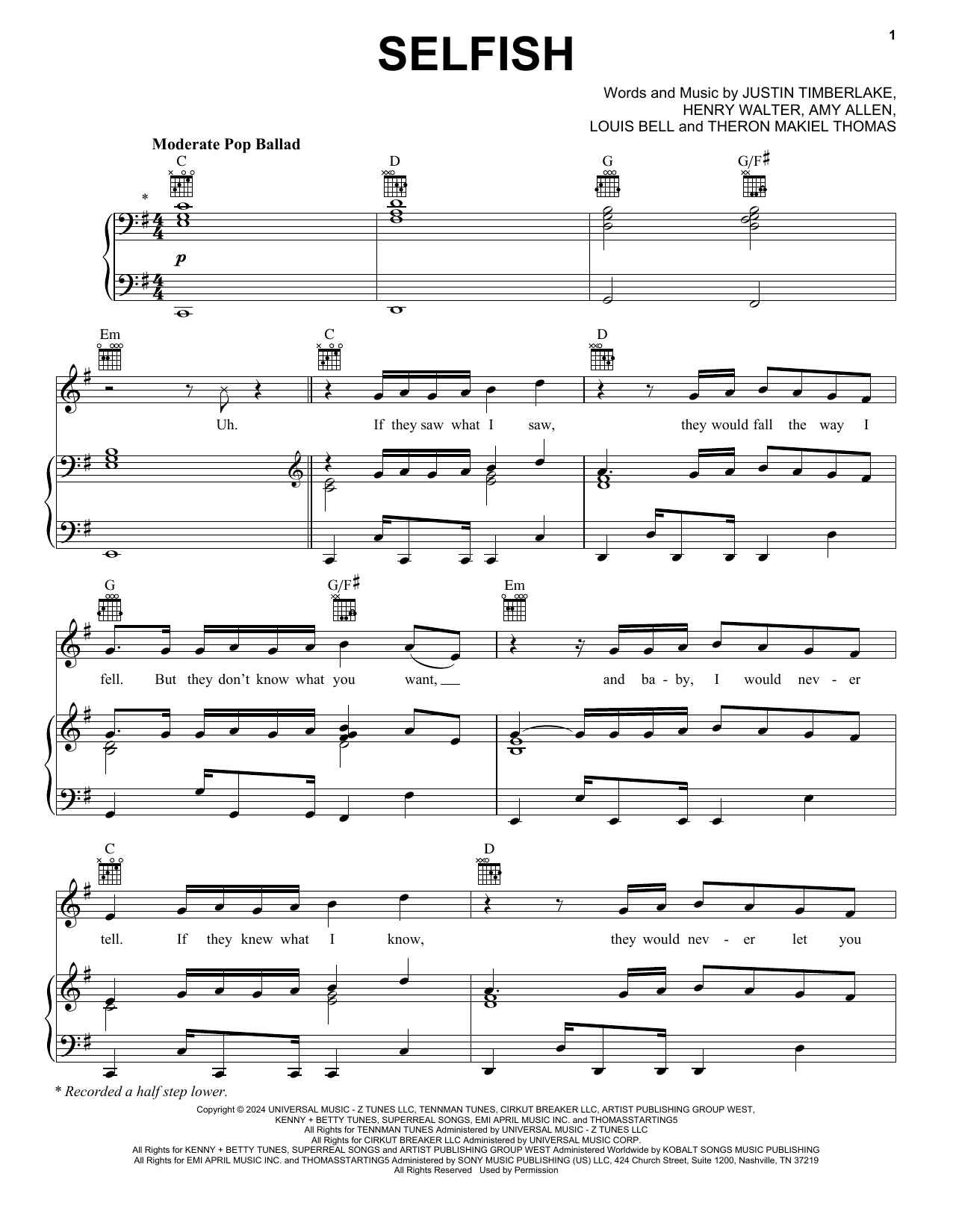 Justin Timberlake Selfish sheet music notes and chords. Download Printable PDF.