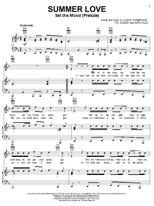 Justin Timberlake Summer Love (Set The Mood Prelude) sheet music notes and chords arranged for Piano, Vocal & Guitar Chords (Right-Hand Melody)
