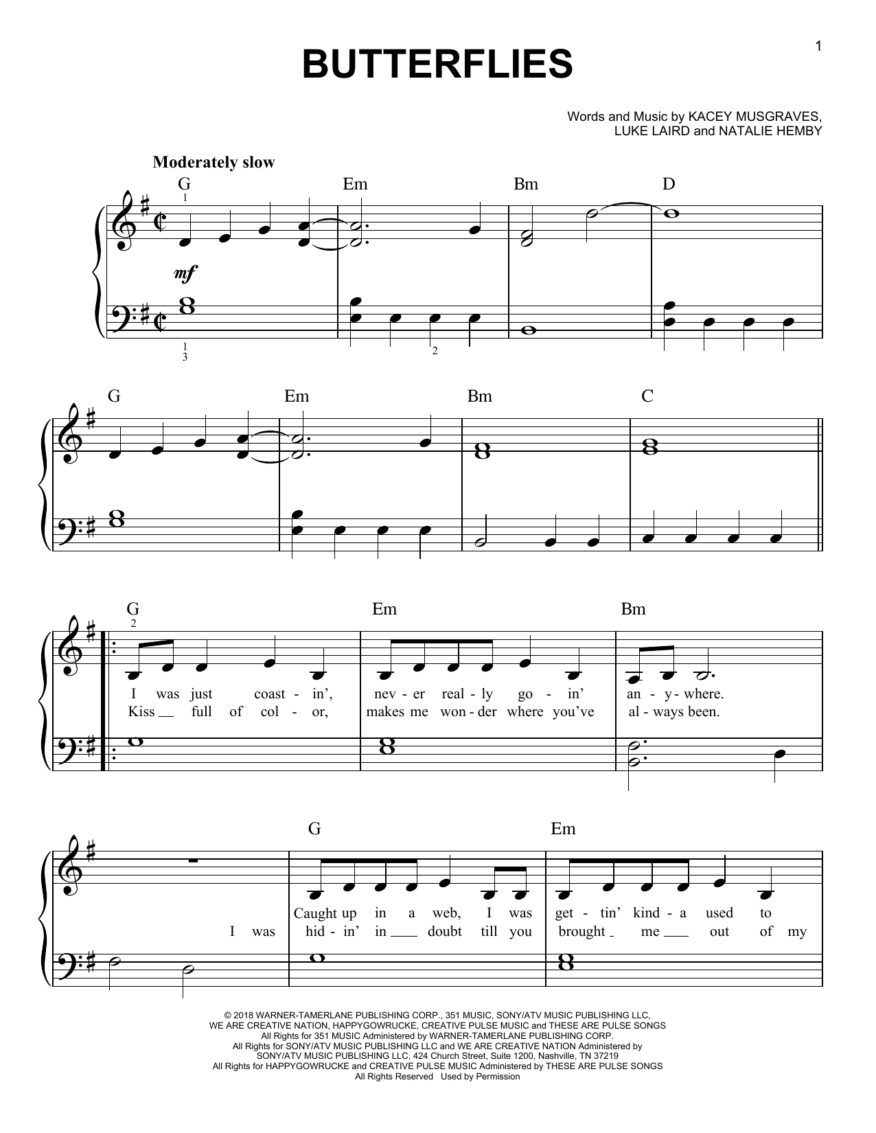 Kacey Musgraves Butterflies sheet music notes and chords. Download Printable PDF.