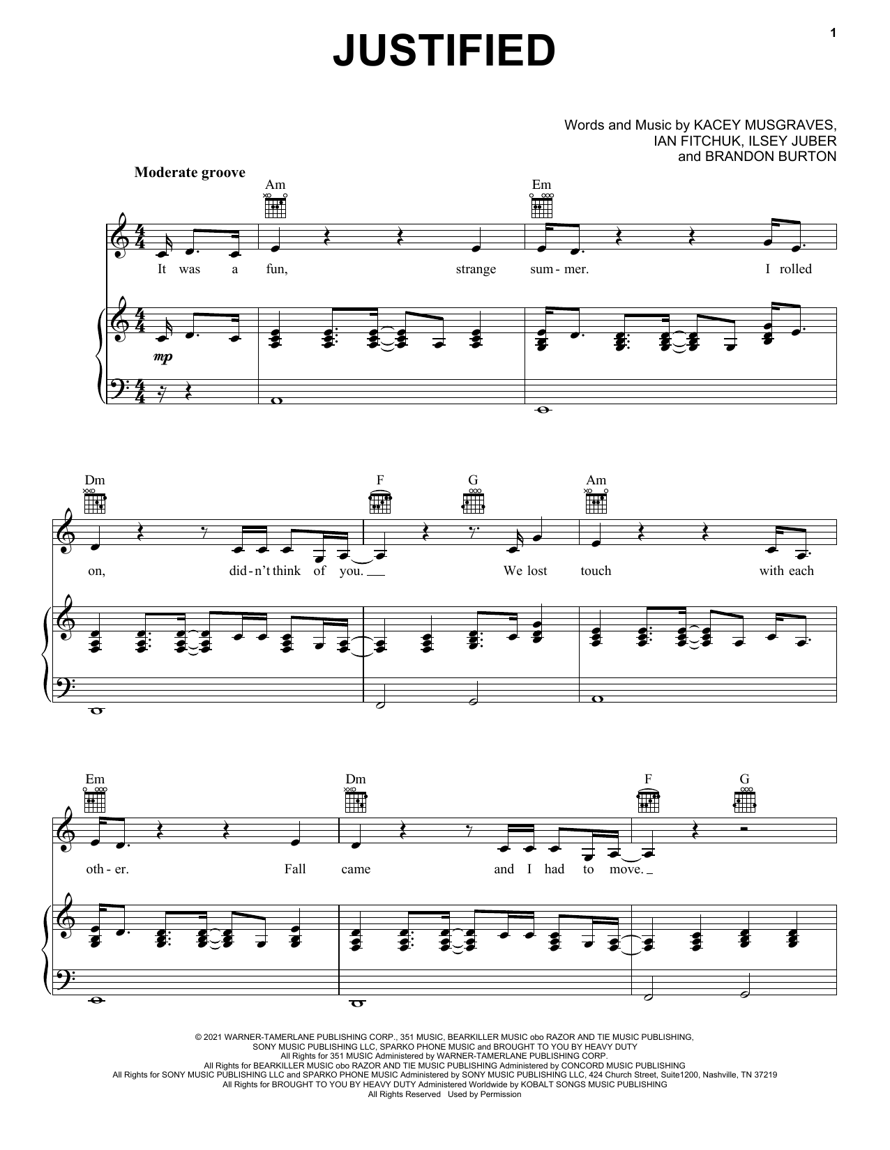 Learn to play Kacey Musgraves Justified sheet music for Piano, Vocal & Guitar Chords (Right-Hand Melody) in minutes. Price: 7.8900$ Kacey Musgraves Justified sheet music notes and chords arranged for Piano, Vocal & Guitar Chords (Right-Hand Melody)
