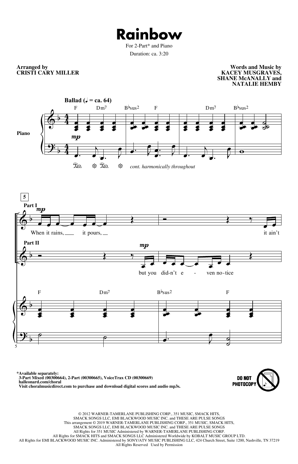 Kacey Musgraves Rainbow (arr. Cristi Cary Miller) sheet music notes and chords. Download Printable PDF.