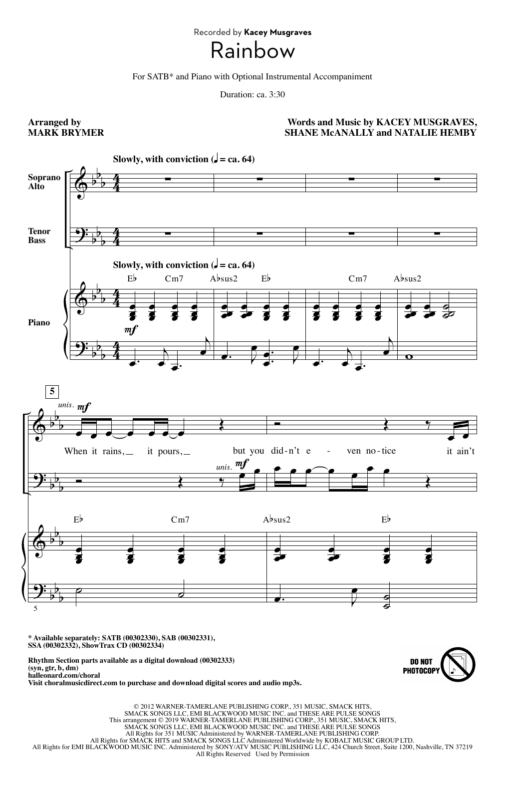 Kacey Musgraves Rainbow (arr. Mark Brymer) sheet music notes and chords. Download Printable PDF.