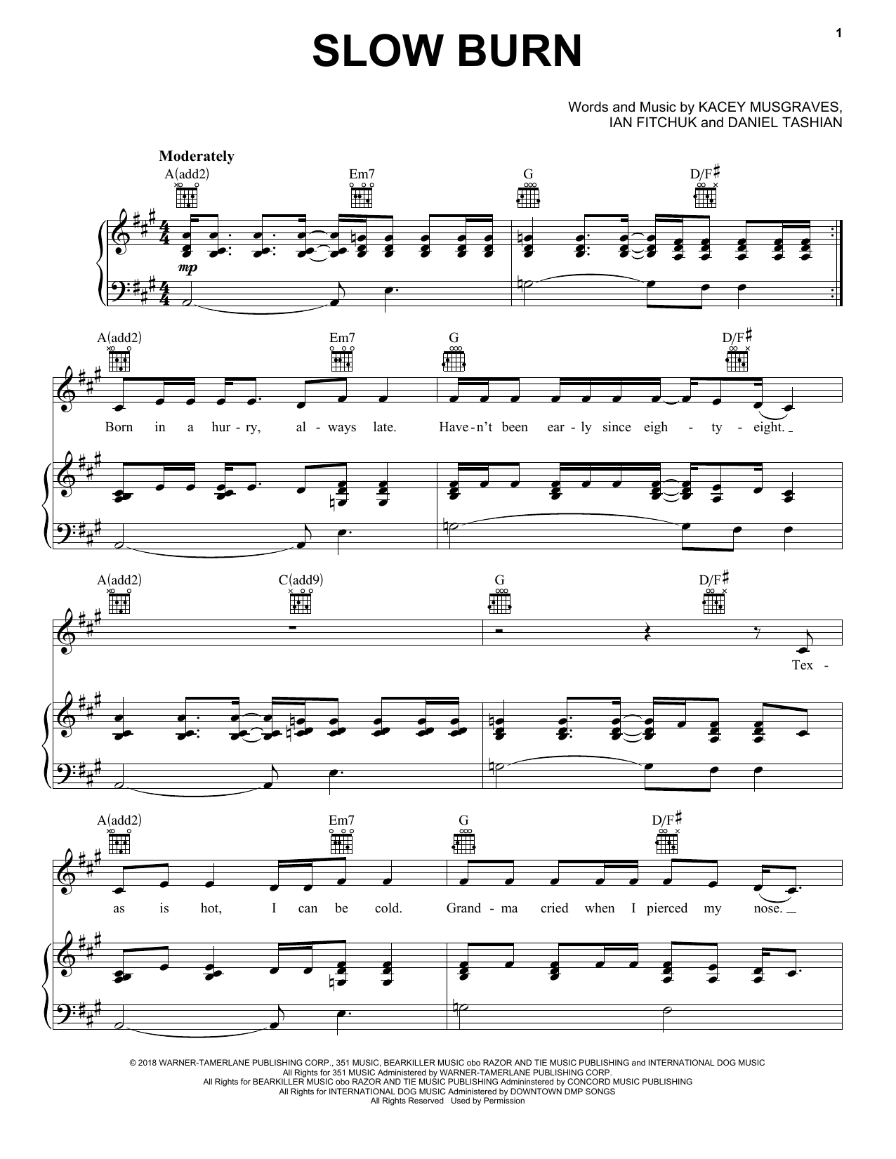 Kacey Musgraves Slow Burn sheet music notes and chords. Download Printable PDF.