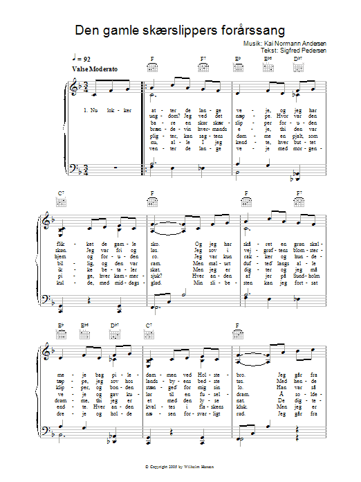 Learn to play Kai Normann Andersen Den Gamle Skærslippers Forårssang sheet music for Piano, Vocal & Guitar Chords in minutes. Price: 7.8900$ Kai Normann Andersen Den Gamle Skærslippers Forårssang sheet music notes and chords arranged for Piano, Vocal & Guitar Chords