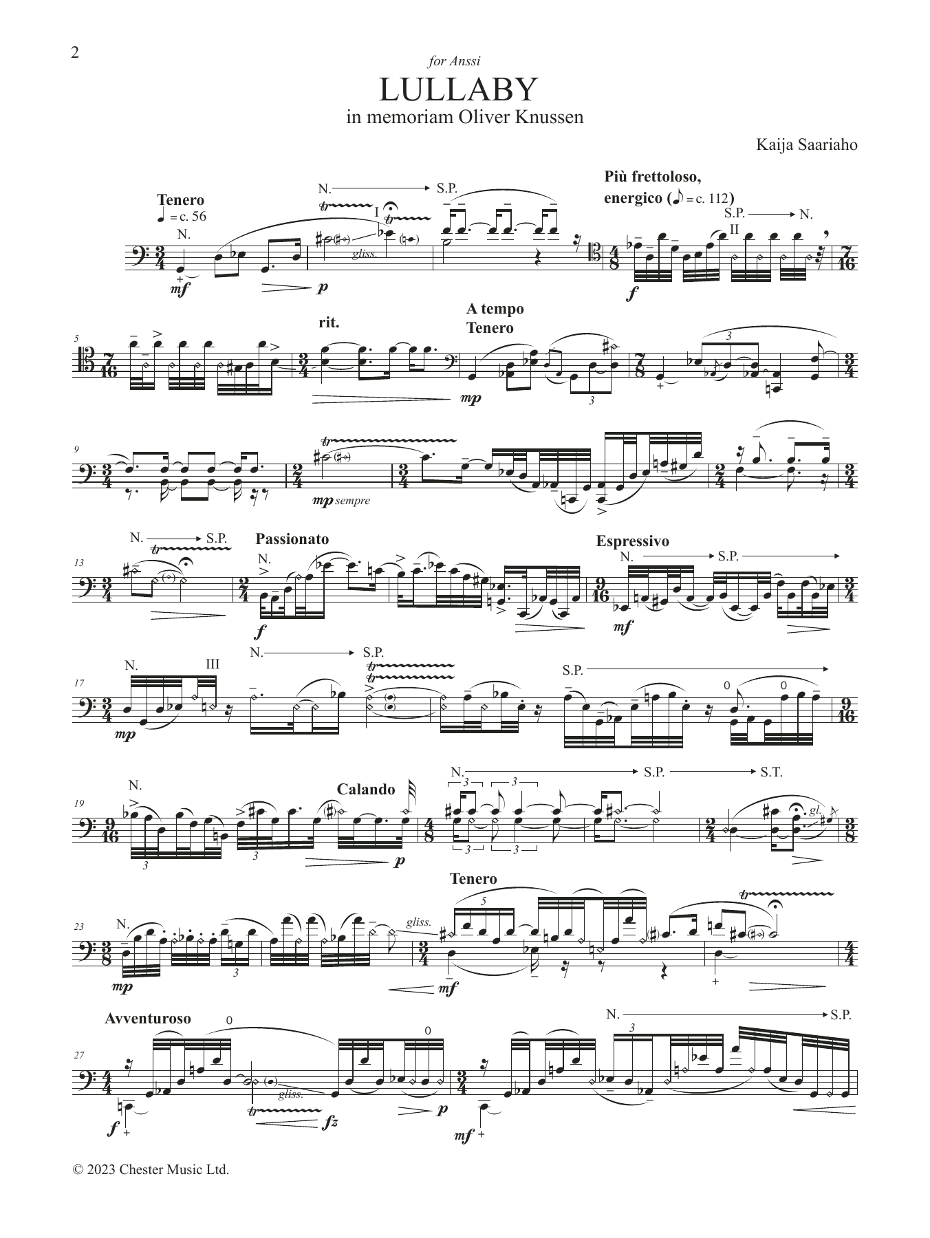 Learn to play Kaija Saariaho Lullaby sheet music for Cello Solo in minutes. Price: 10.9700$ Kaija Saariaho Lullaby sheet music notes and chords arranged for Cello Solo