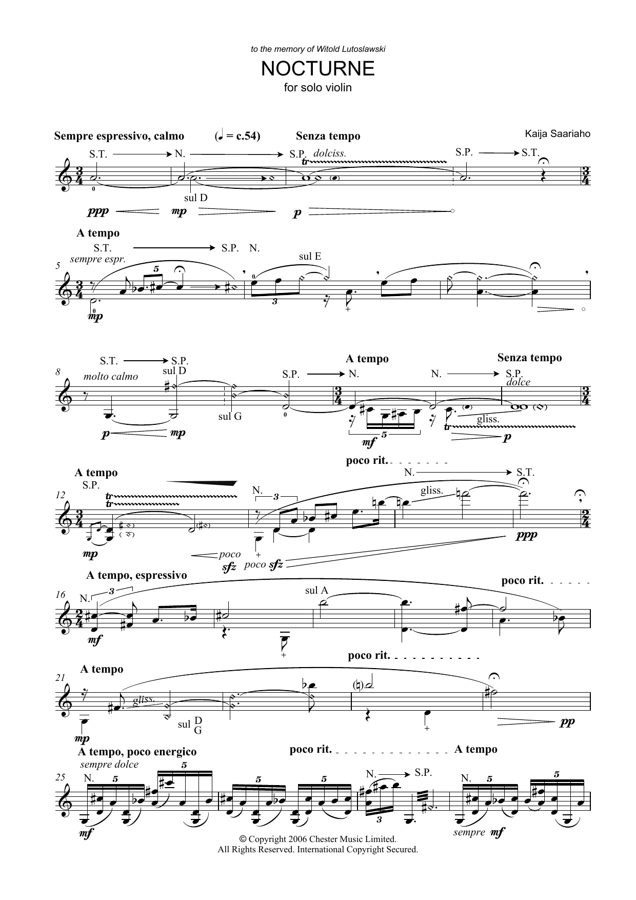 Kaija Saariaho Nocturne (for Solo Violin) sheet music notes and chords. Download Printable PDF.