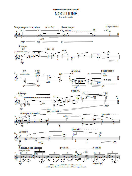 Learn to play Kaija Saariaho Nocturne (for Solo Violin) sheet music for Violin Solo in minutes. Price: 6.9900$ Kaija Saariaho Nocturne (for Solo Violin) sheet music notes and chords arranged for Violin Solo