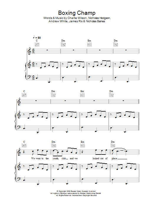 Learn to play Kaiser Chiefs Boxing Champ sheet music for Piano, Vocal & Guitar Chords in minutes. Price: 7.8900$ Kaiser Chiefs Boxing Champ sheet music notes and chords arranged for Piano, Vocal & Guitar Chords