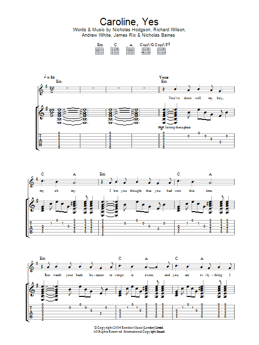 Kaiser Chiefs Caroline, Yes sheet music notes and chords arranged for Guitar Tab