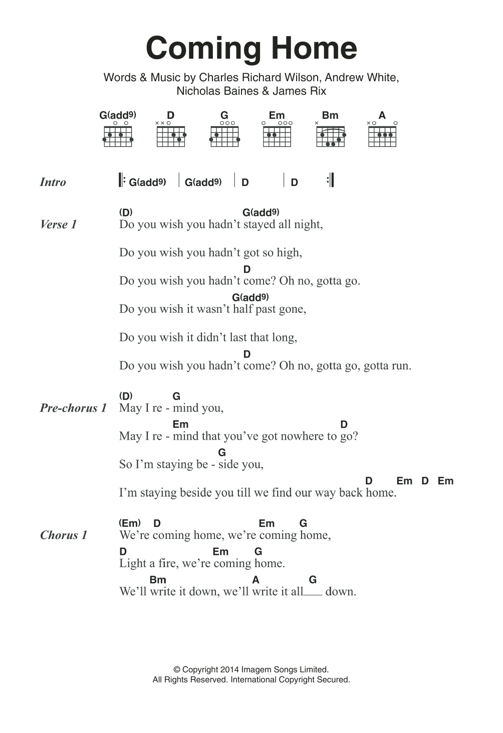 Kaiser Chiefs Coming Home sheet music notes and chords. Download Printable PDF.