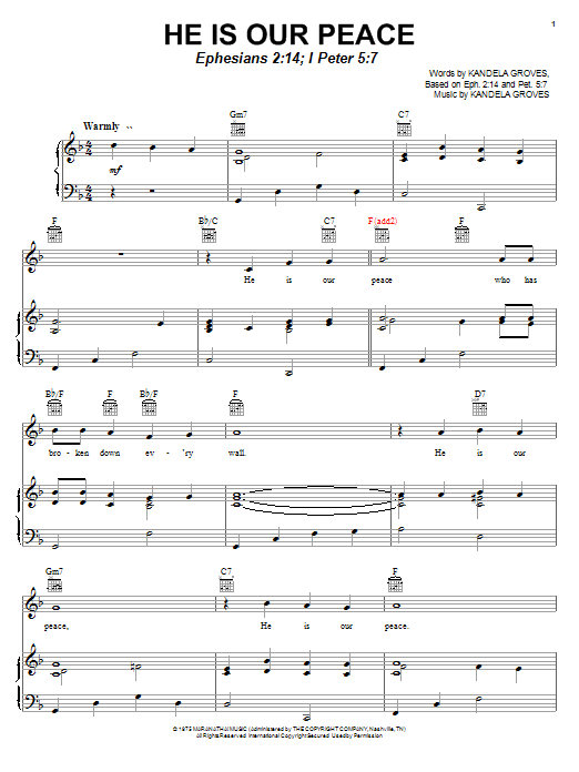 Learn to play Kandela Groves He Is Our Peace sheet music for Piano, Vocal & Guitar Chords (Right-Hand Melody) in minutes. Price: 7.8900$ Kandela Groves He Is Our Peace sheet music notes and chords arranged for Piano, Vocal & Guitar Chords (Right-Hand Melody)