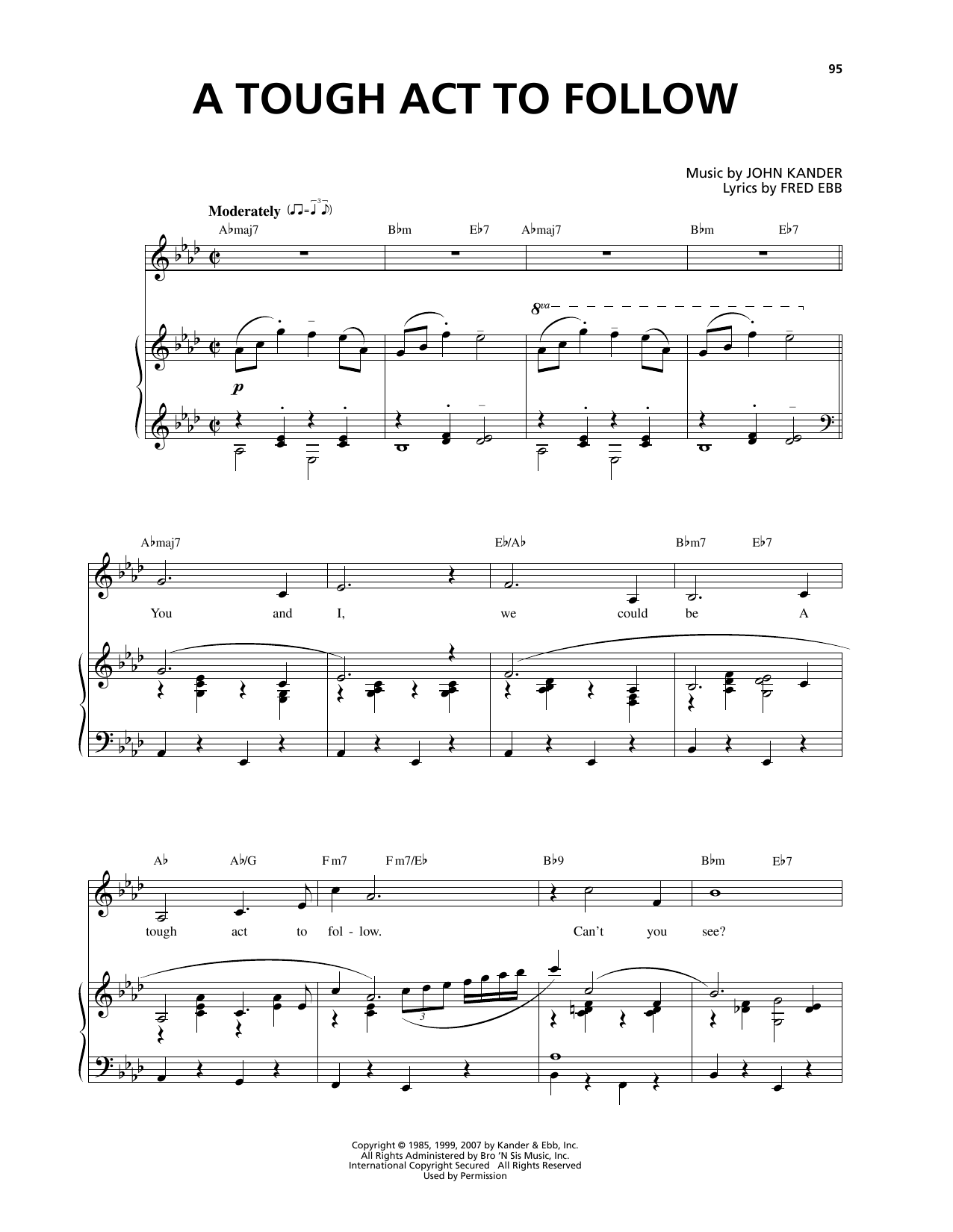 Learn to play Kander & Ebb A Tough Act To Follow (from Curtains) sheet music for Piano, Vocal & Guitar Chords (Right-Hand Melody) in minutes. Price: 7.8900$ Kander & Ebb A Tough Act To Follow (from Curtains) sheet music notes and chords arranged for Piano, Vocal & Guitar Chords (Right-Hand Melody)