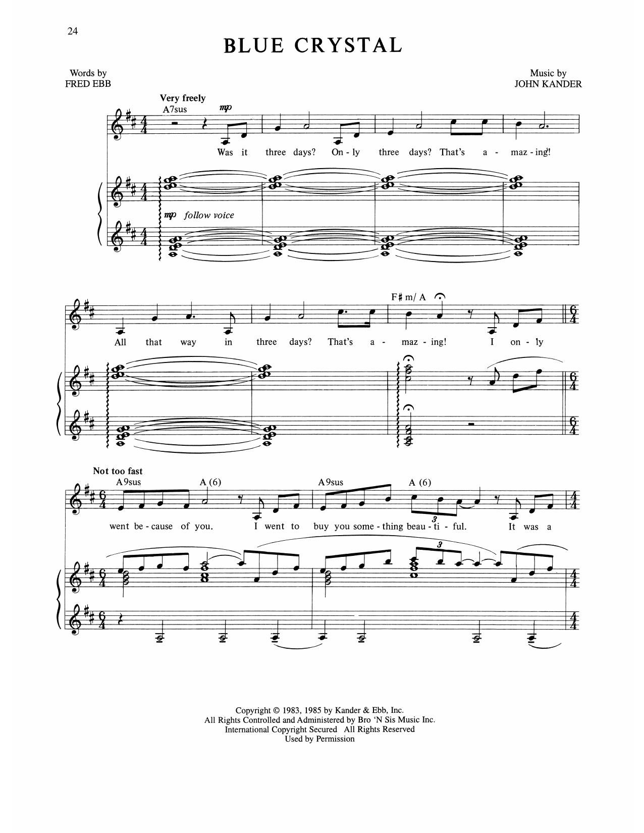 Learn to play Kander & Ebb Blue Crystal (from The Rink) sheet music for Piano, Vocal & Guitar Chords (Right-Hand Melody) in minutes. Price: 7.8900$ Kander & Ebb Blue Crystal (from The Rink) sheet music notes and chords arranged for Piano, Vocal & Guitar Chords (Right-Hand Melody)