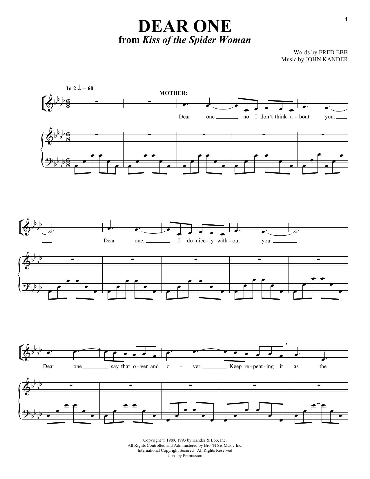 Learn to play John Kander Dear One sheet music for Piano & Vocal in minutes. Price: 7.8900$ John Kander Dear One sheet music notes and chords arranged for Piano & Vocal