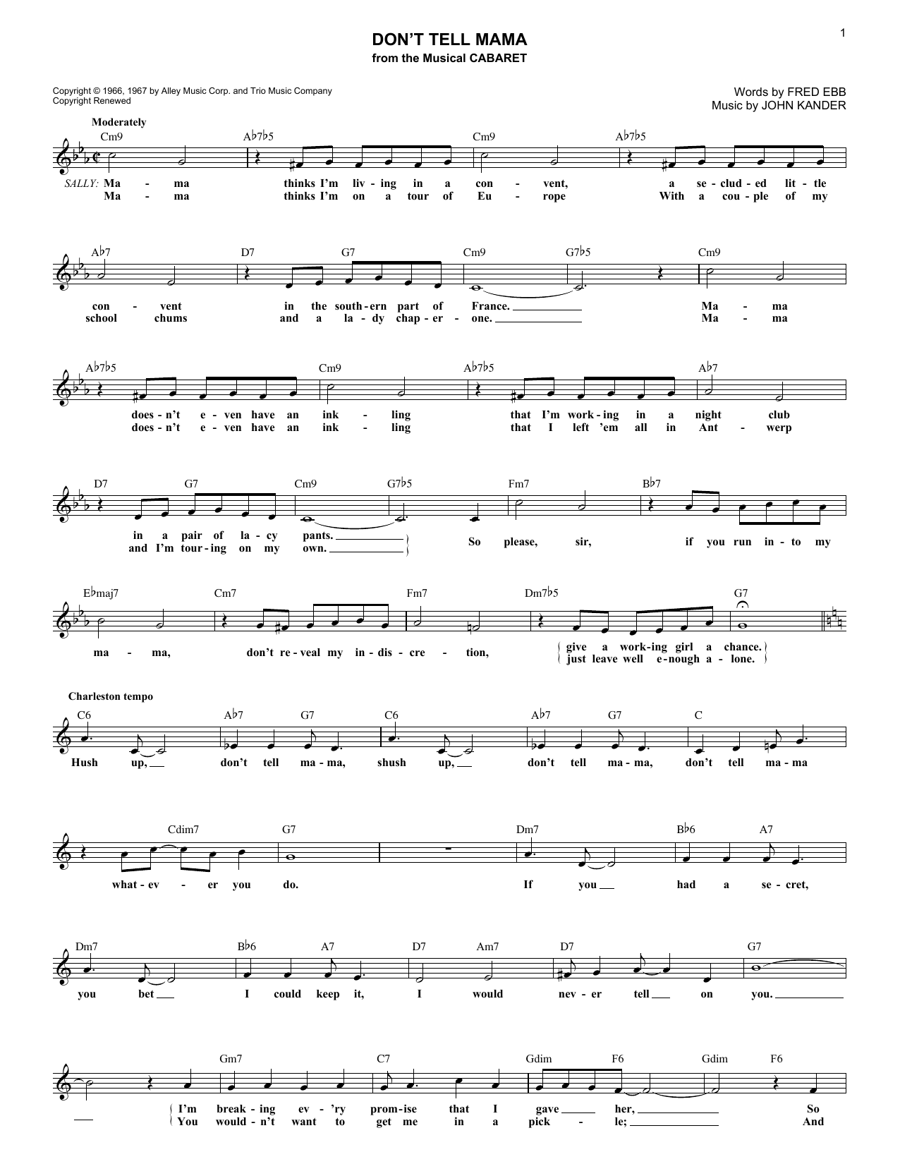 Kander & Ebb Don't Tell Mama sheet music notes and chords. Download Printable PDF.