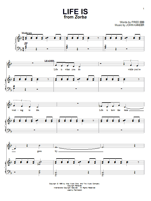 Learn to play Kander & Ebb Life Is sheet music for Piano & Vocal in minutes. Price: 7.8900$ Kander & Ebb Life Is sheet music notes and chords arranged for Piano & Vocal