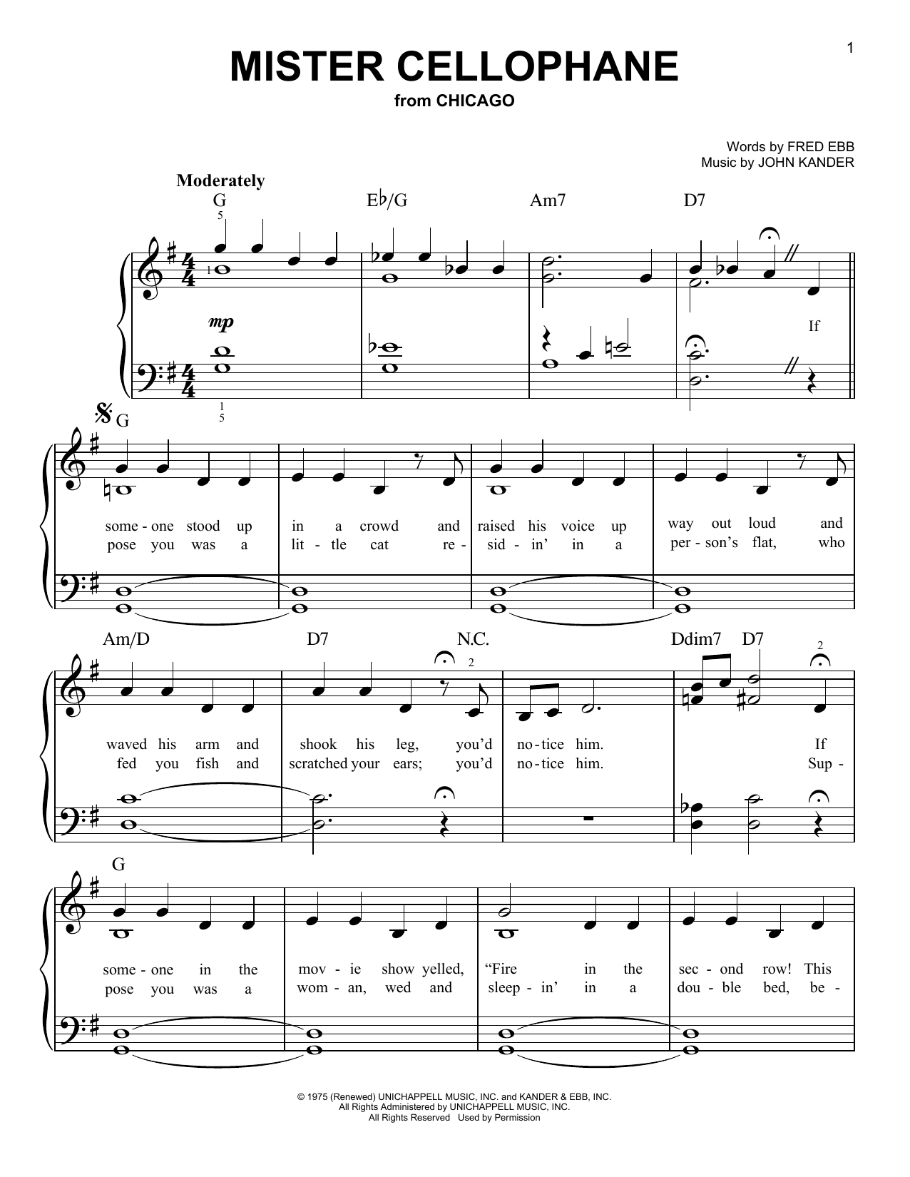 Kander & Ebb Mister Cellophane (from Chicago) sheet music notes and chords. Download Printable PDF.