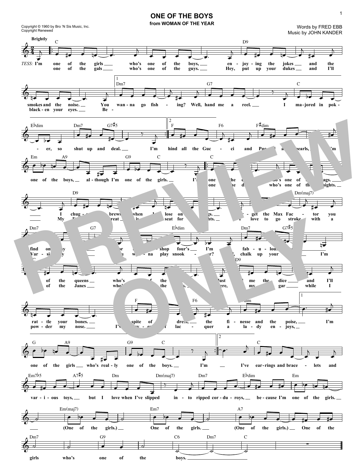 Learn to play Kander & Ebb One Of The Boys (from Woman Of The Year) sheet music for Lead Sheet / Fake Book in minutes. Price: 5.9900$ Kander & Ebb One Of The Boys (from Woman Of The Year) sheet music notes and chords arranged for Lead Sheet / Fake Book