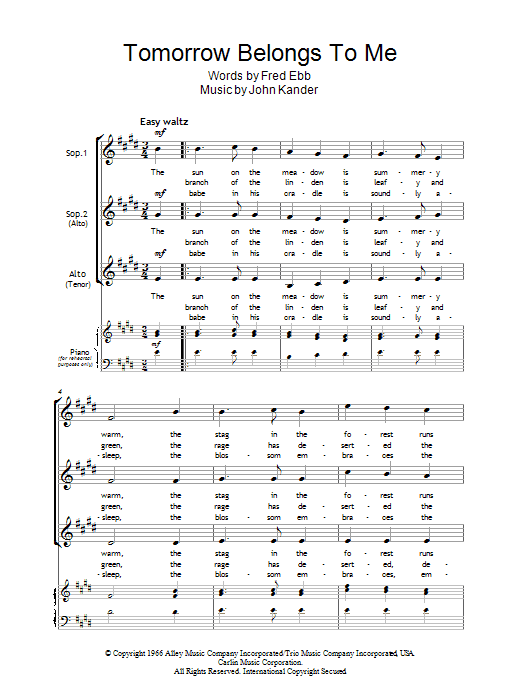 Kander & Ebb Tomorrow Belongs To Me (from Cabaret) sheet music notes and chords arranged for SSA Choir