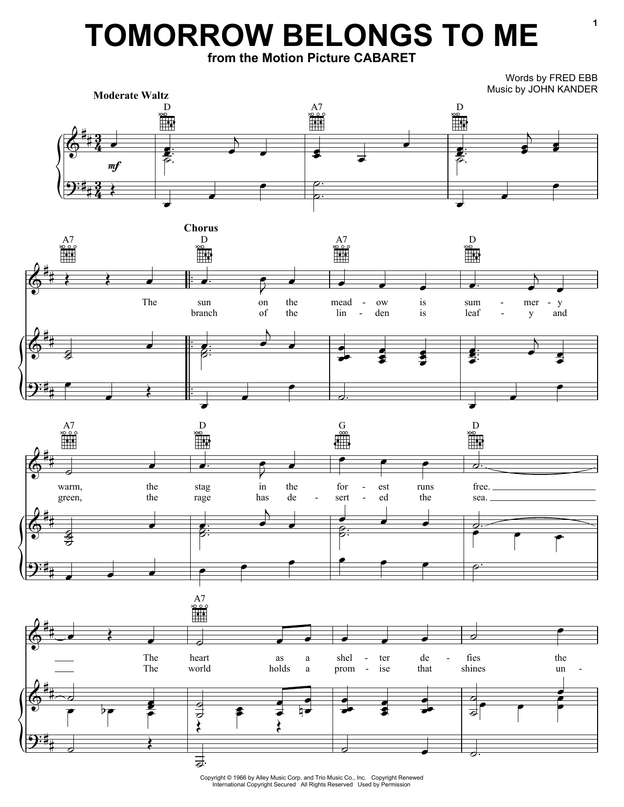 Kander & Ebb Tomorrow Belongs To Me sheet music notes and chords. Download Printable PDF.