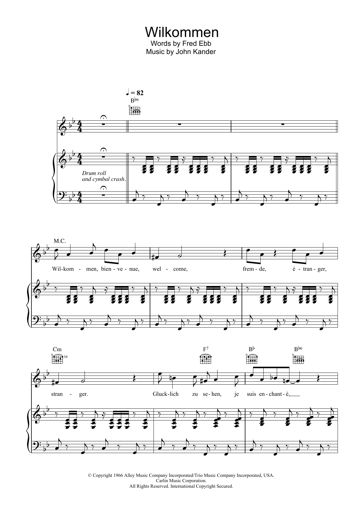 Kander & Ebb Willkommen (from Cabaret) sheet music notes and chords. Download Printable PDF.