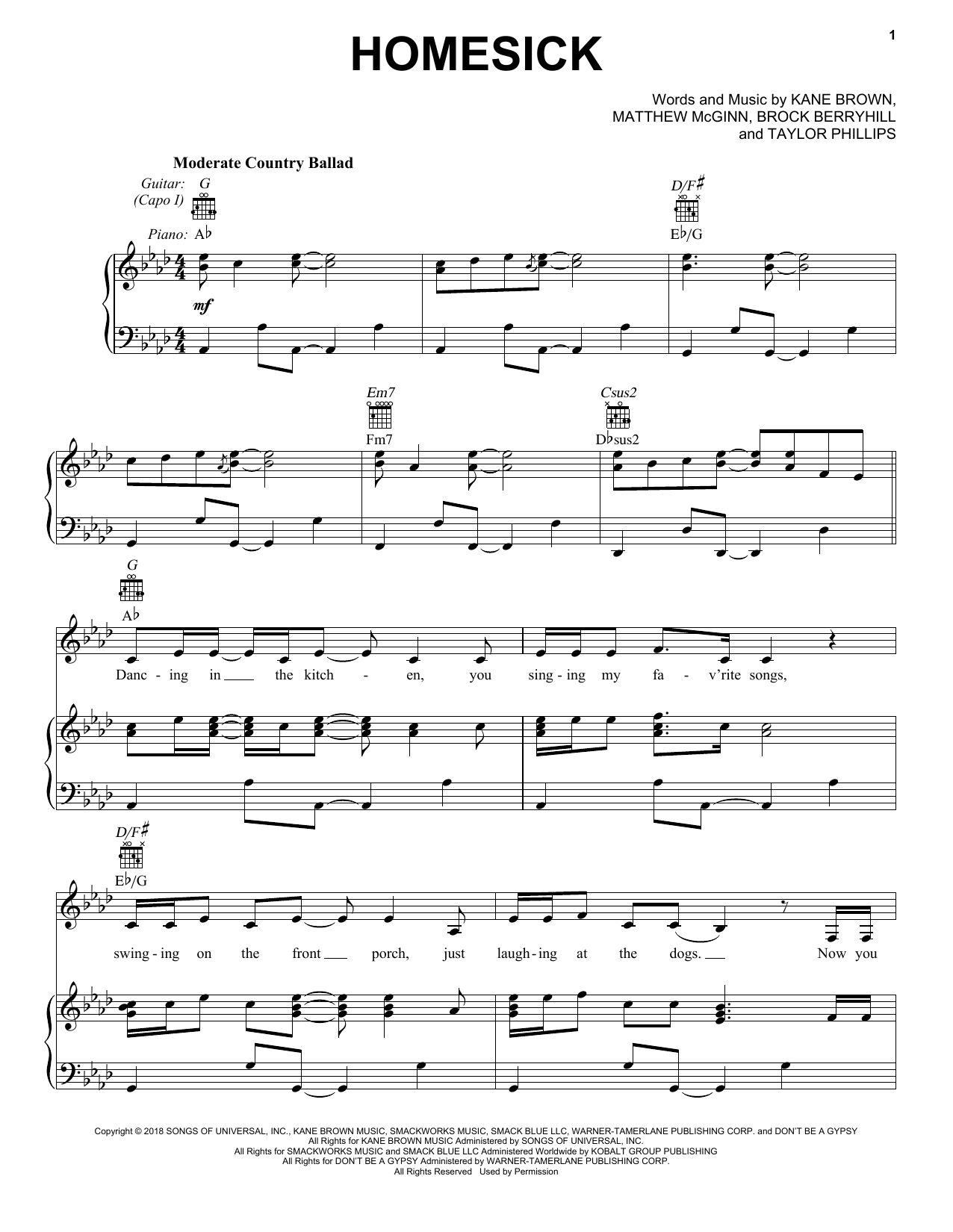 Kane Brown Homesick sheet music notes and chords. Download Printable PDF.