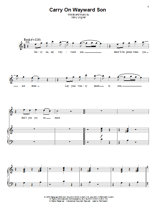 Kansas Carry On Wayward Son sheet music notes and chords. Download Printable PDF.