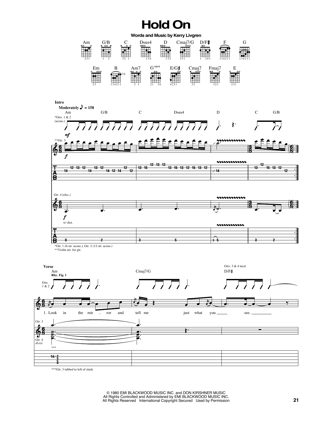 Kansas Hold On sheet music notes and chords arranged for Guitar Tab