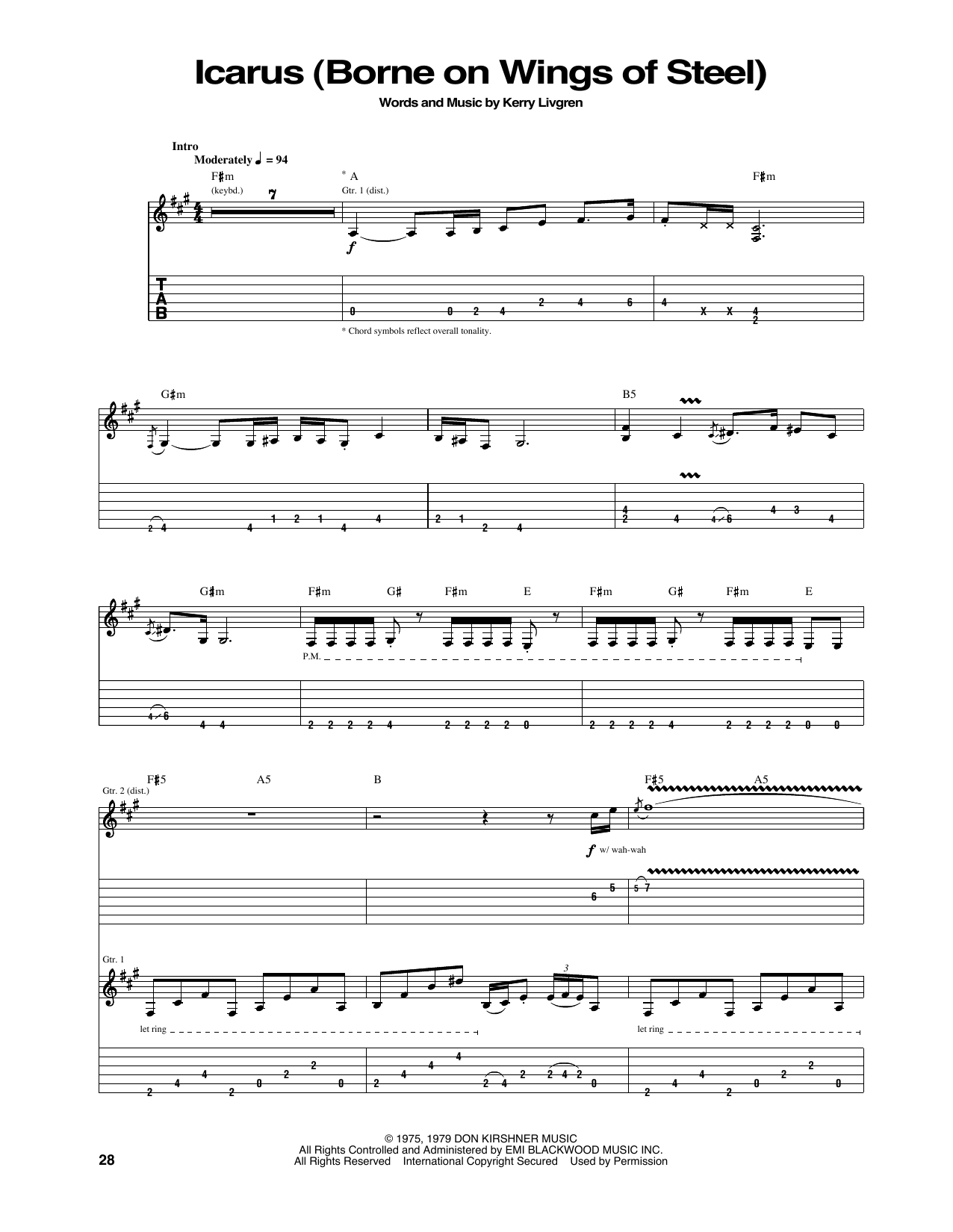 Kansas Icarus (Borne On Wings Of Steel) sheet music notes and chords arranged for Piano, Vocal & Guitar Chords (Right-Hand Melody)