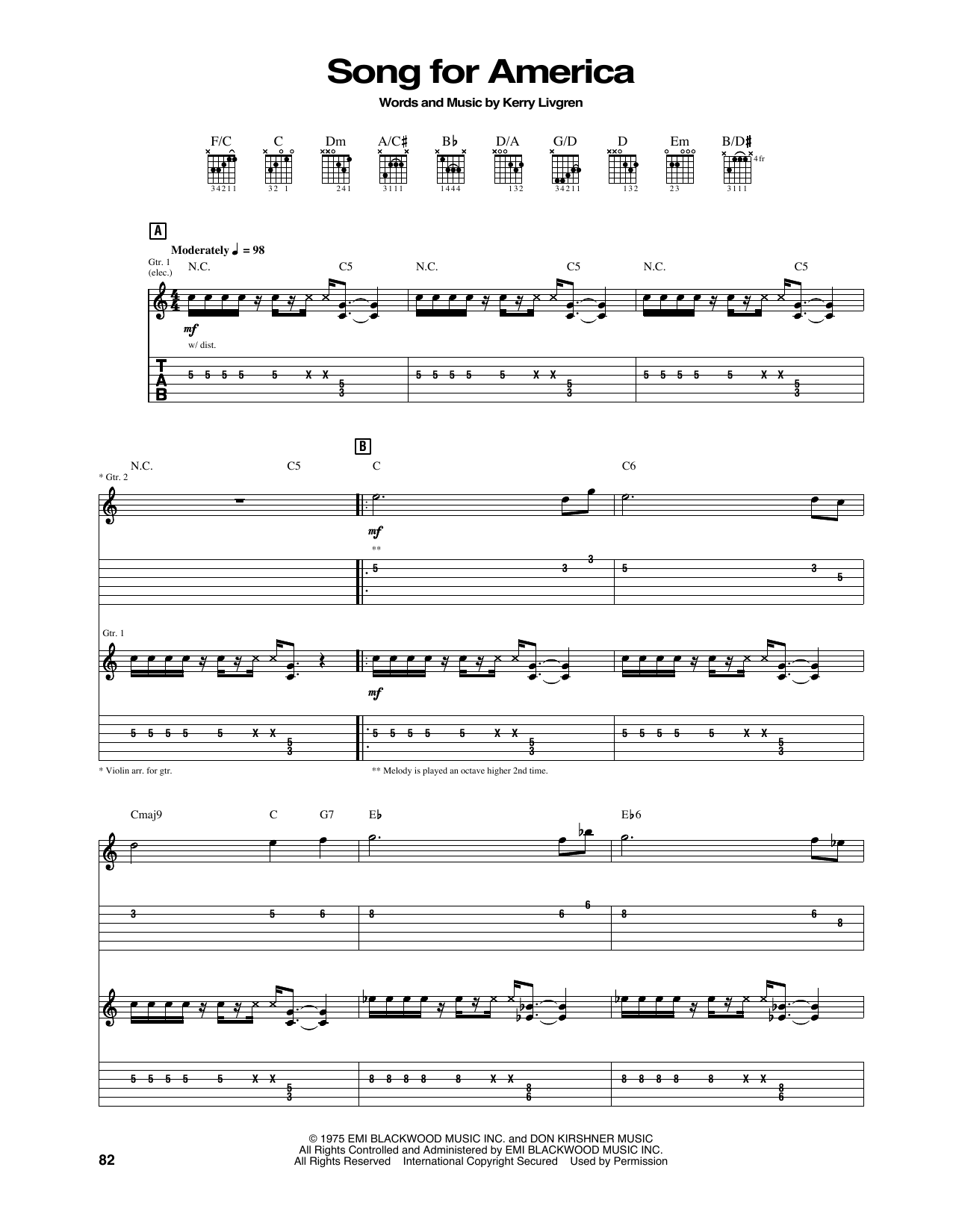 Learn to play Kansas Song For America sheet music for Guitar Tab in minutes. Price: 7.8900$ Kansas Song For America sheet music notes and chords arranged for Guitar Tab