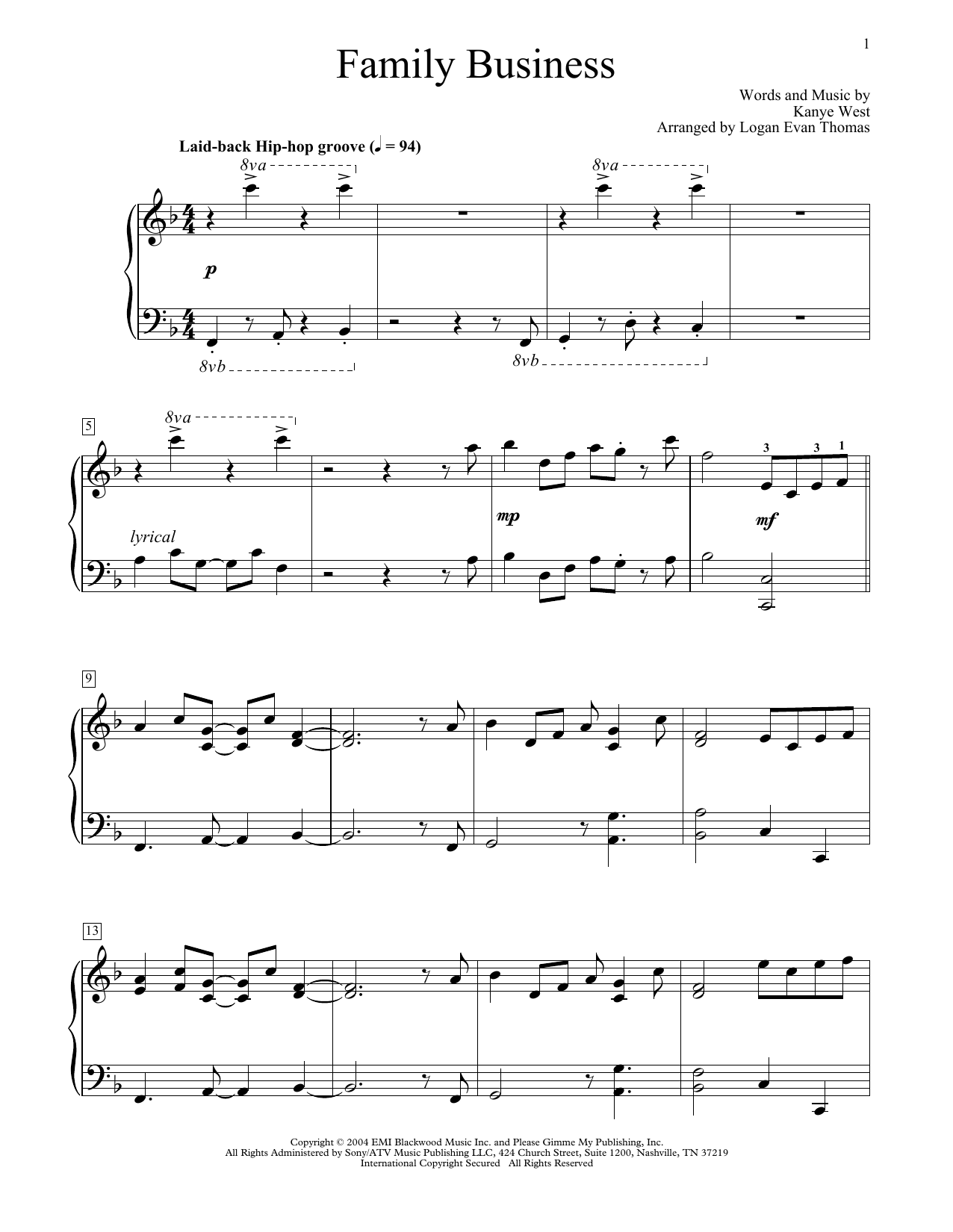 Kanye West Family Business (arr. Logan Evan Thomas) sheet music notes and chords. Download Printable PDF.