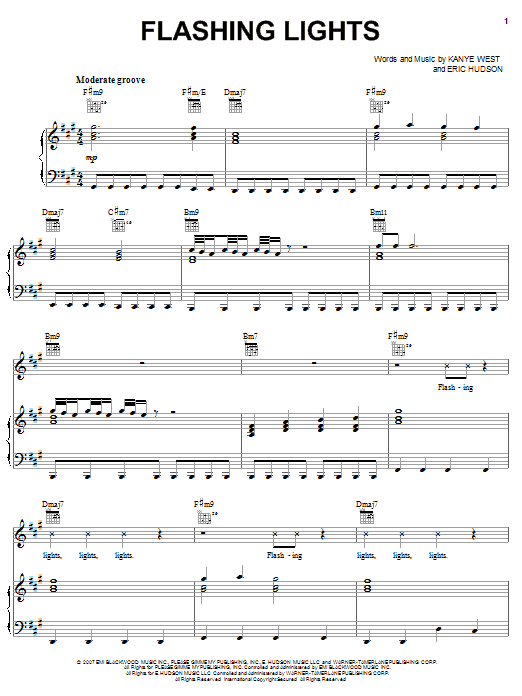 Learn to play Kanye West Flashing Lights sheet music for Piano, Vocal & Guitar Chords (Right-Hand Melody) in minutes. Price: 7.8900$ Kanye West Flashing Lights sheet music notes and chords arranged for Piano, Vocal & Guitar Chords (Right-Hand Melody)
