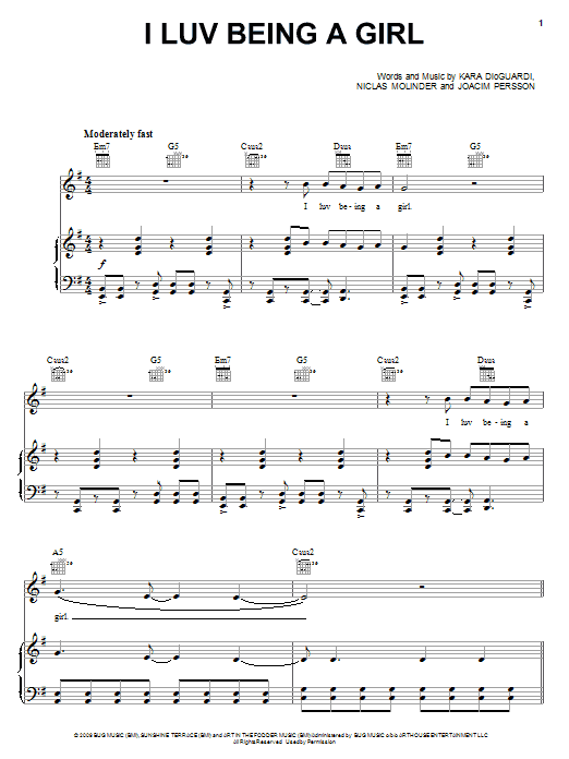 Learn to play Kara DioGuardi I Luv Being A Girl sheet music for Piano, Vocal & Guitar Chords (Right-Hand Melody) in minutes. Price: 7.8900$ Kara DioGuardi I Luv Being A Girl sheet music notes and chords arranged for Piano, Vocal & Guitar Chords (Right-Hand Melody)