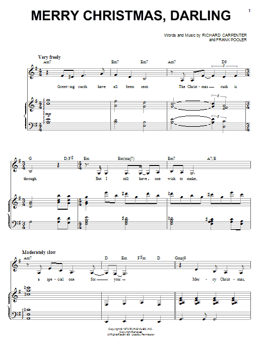 Karen Carpenter Merry Christmas, Darling sheet music notes and chords. Download Printable PDF.