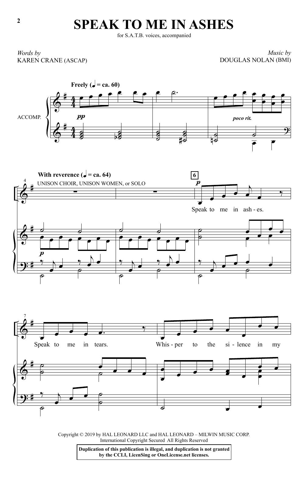 Karen Crane and Douglas Nolan Speak To Me In Ashes sheet music notes and chords arranged for SATB Choir