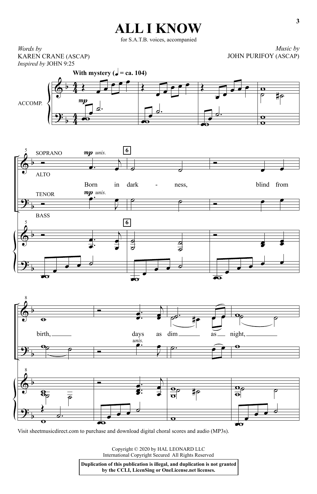 Karen Crane and John Purifoy All I Know sheet music notes and chords. Download Printable PDF.