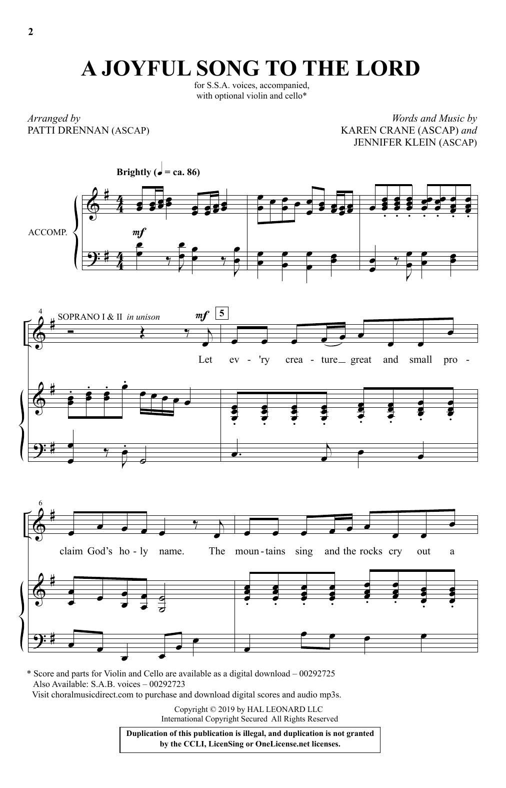 Karen Crane & Jennifer Klein A Joyful Song To The Lord (arr. Patti Drennan) sheet music notes and chords. Download Printable PDF.