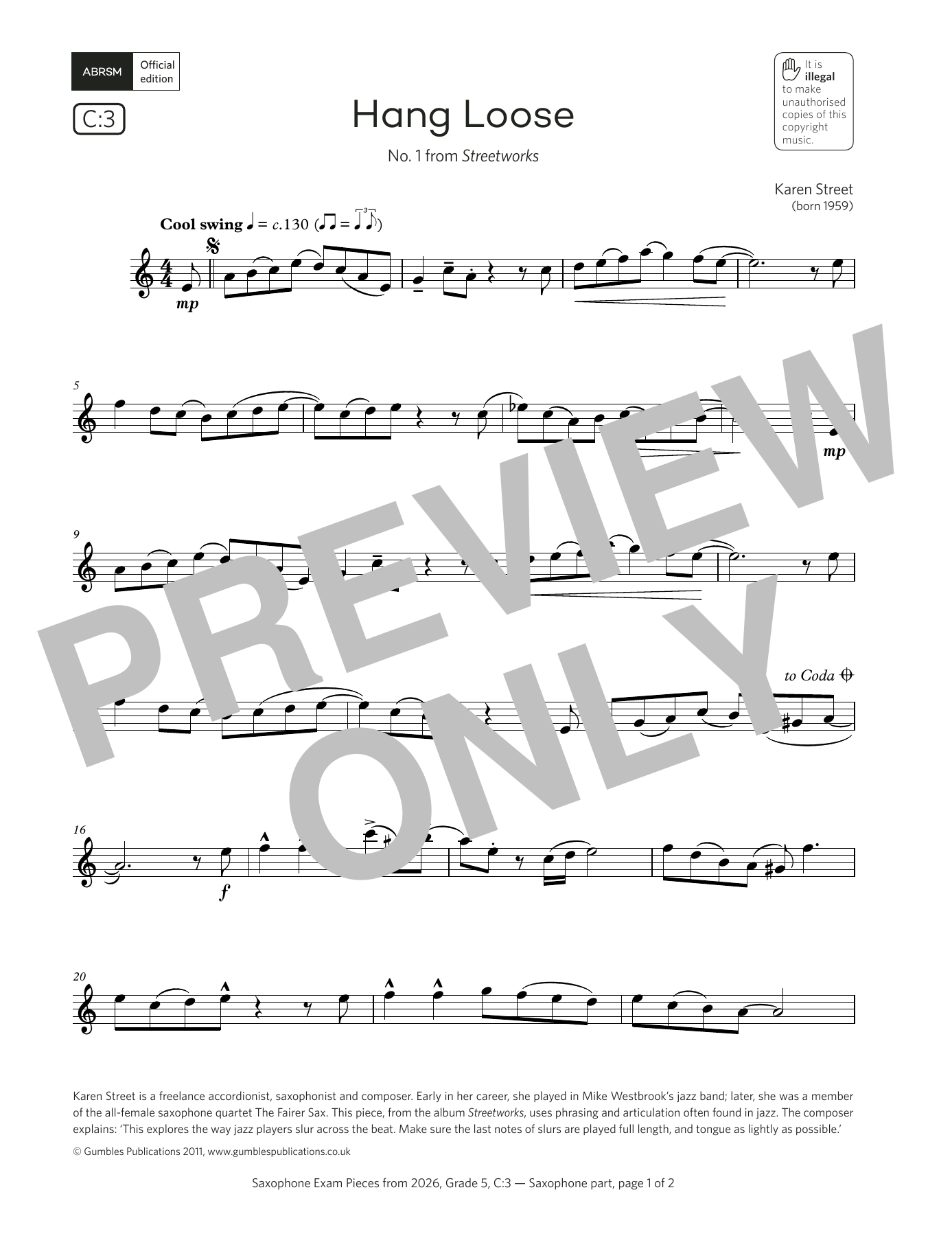 Learn to play Karen Street Hang Loose (Grade 5, list C3, from the ABRSM Saxophone Syllabus from 2026) sheet music for Alto Sax Solo in minutes. Price: 5.9900$ Karen Street Hang Loose (Grade 5, list C3, from the ABRSM Saxophone Syllabus from 2026) sheet music notes and chords arranged for Alto Sax Solo