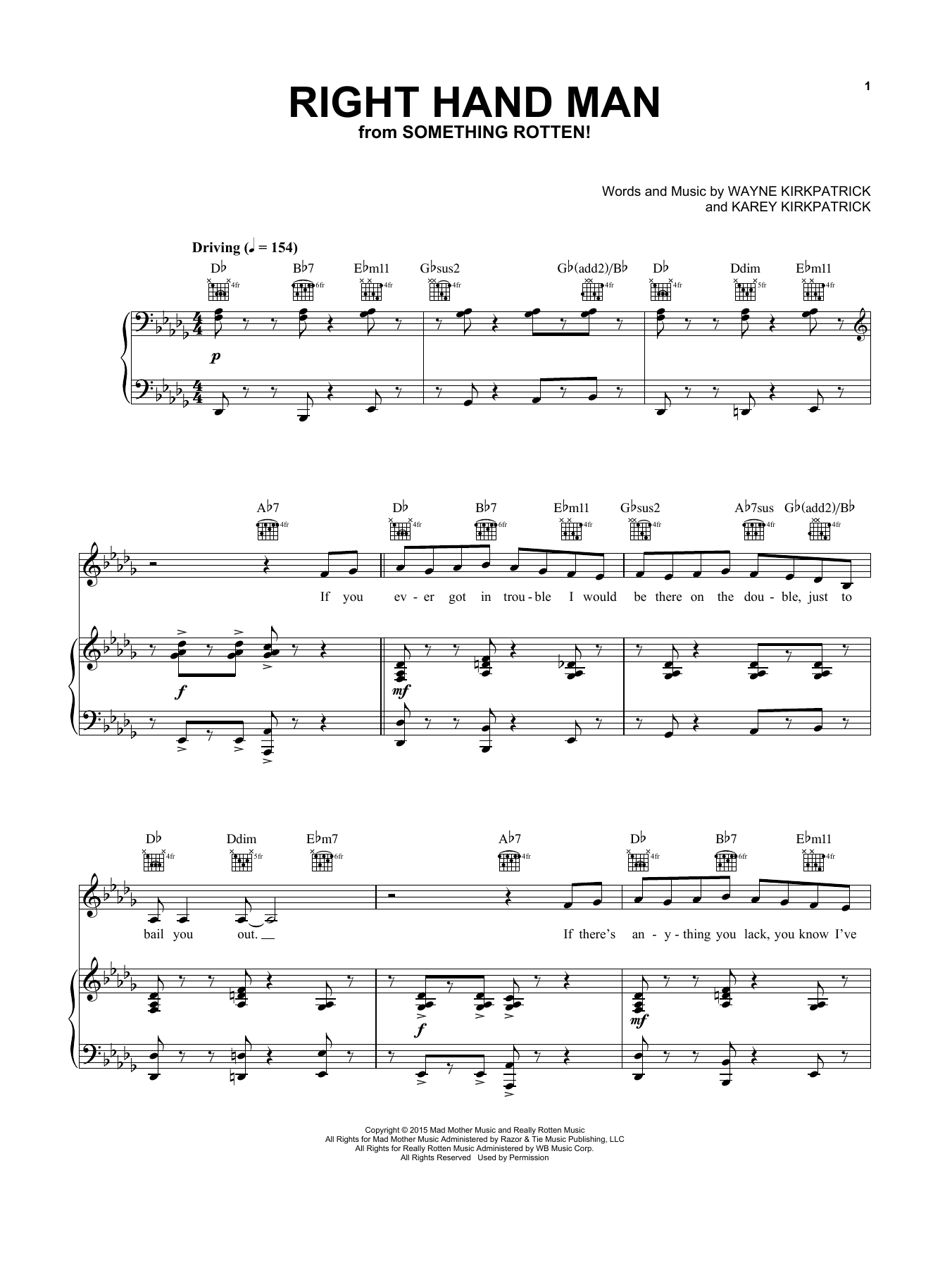 Karey Kirkpatrick and Wayne Kirkpatrick Right Hand Man (from Something Rotten!) sheet music notes and chords. Download Printable PDF.