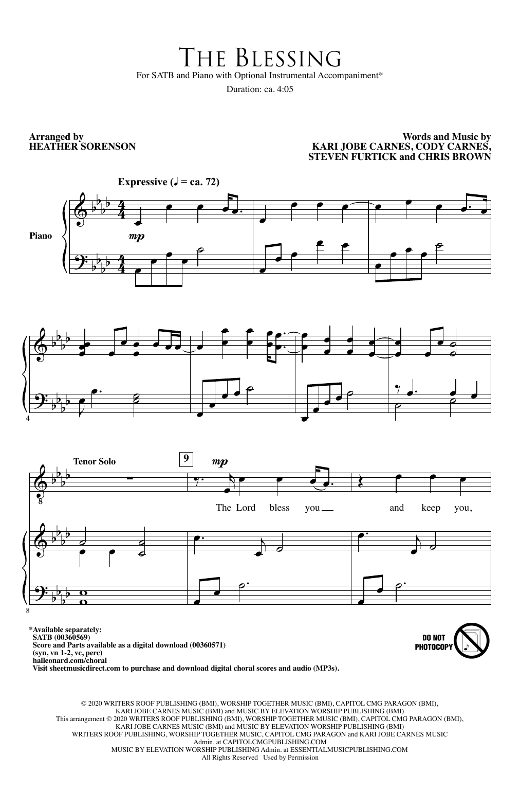 Kari Jobe, Cody Carnes & Elevation Worship The Blessing (arr. Heather Sorenson) sheet music notes and chords. Download Printable PDF.