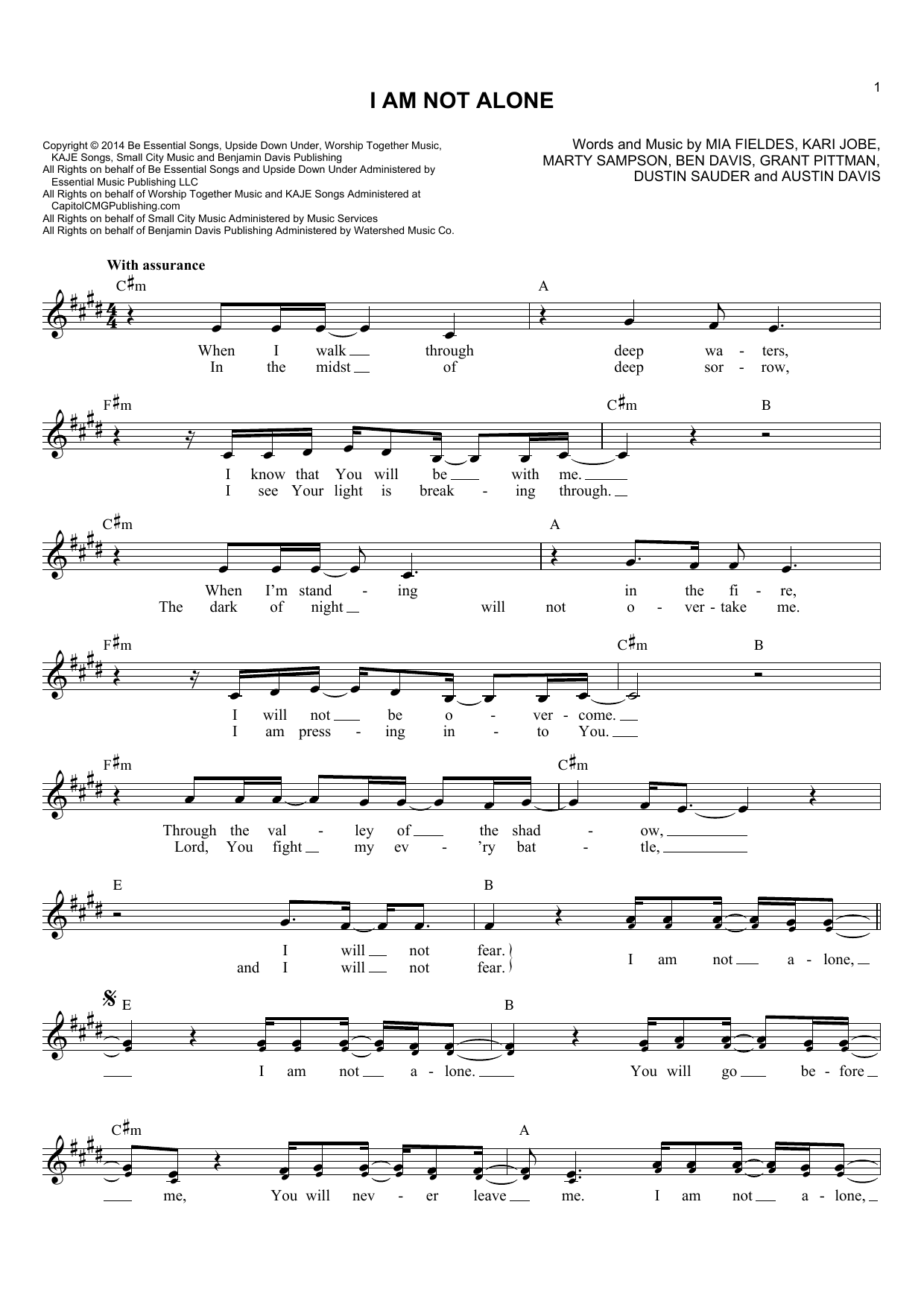 Kari Jobe I Am Not Alone sheet music notes and chords. Download Printable PDF.