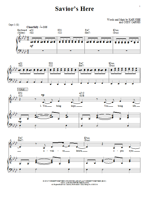 Kari Jobe Savior's Here sheet music notes and chords arranged for Piano, Vocal & Guitar Chords (Right-Hand Melody)