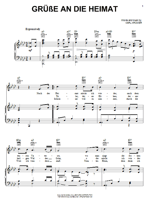 Learn to play Karl Kromer Grusse An Die Heimat (Hail, My Homeland) sheet music for Piano, Vocal & Guitar Chords (Right-Hand Melody) in minutes. Price: 7.8900$ Karl Kromer Grusse An Die Heimat (Hail, My Homeland) sheet music notes and chords arranged for Piano, Vocal & Guitar Chords (Right-Hand Melody)
