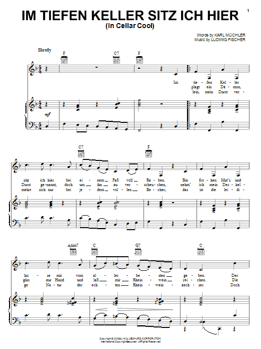 Learn to play Karl Muchler Im Tiefen Keller Sitz Ich Hier (In Cellar Cool) sheet music for Piano, Vocal & Guitar Chords (Right-Hand Melody) in minutes. Price: 7.8900$ Karl Muchler Im Tiefen Keller Sitz Ich Hier (In Cellar Cool) sheet music notes and chords arranged for Piano, Vocal & Guitar Chords (Right-Hand Melody)