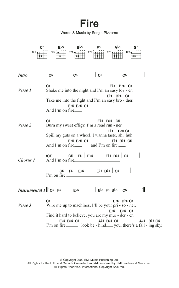 Kasabian Fire sheet music notes and chords. Download Printable PDF.