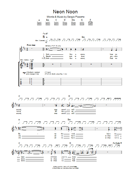 Learn to play Kasabian Neon Noon sheet music for Guitar Tab in minutes. Price: 7.8900$ Kasabian Neon Noon sheet music notes and chords arranged for Guitar Tab