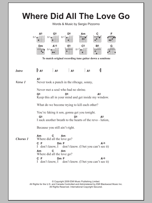 Kasabian Where Did All The Love Go sheet music notes and chords. Download Printable PDF.