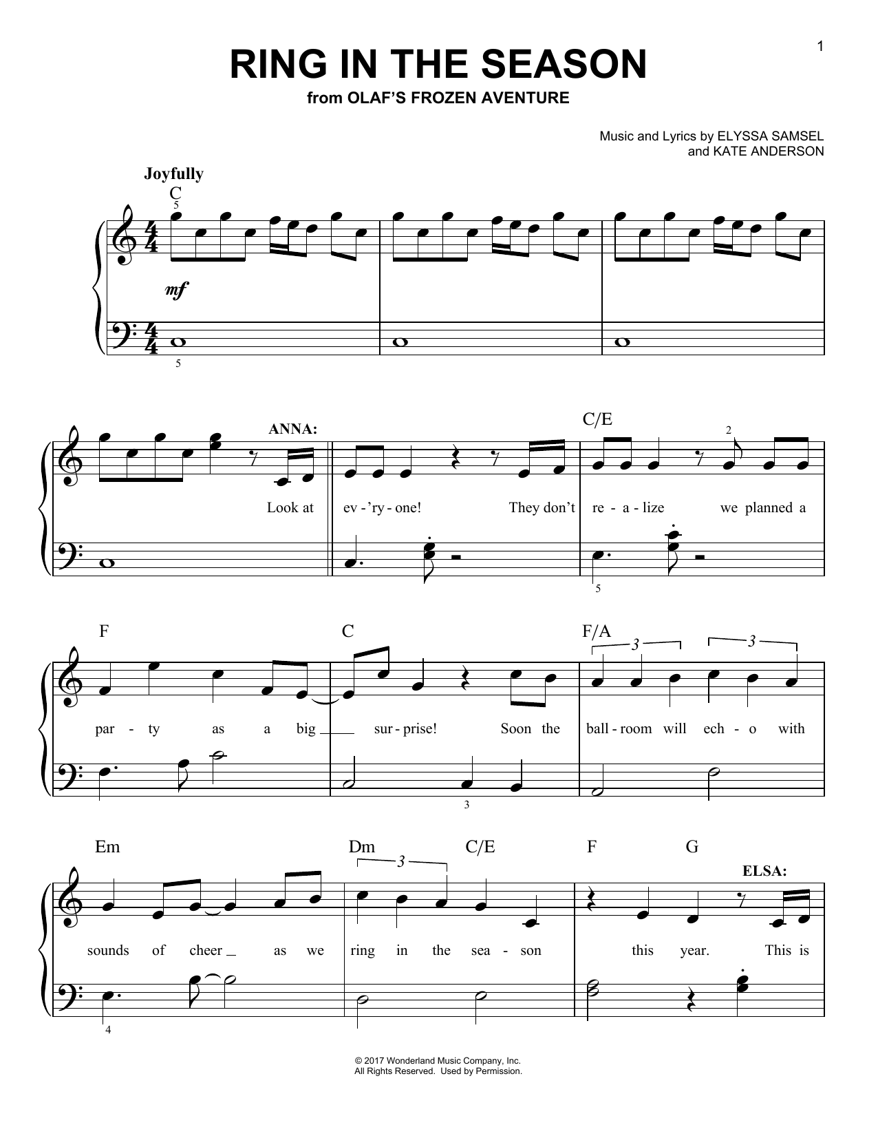 Kate Anderson Ring In The Season (from Olaf's Frozen Adventure) sheet music notes and chords. Download Printable PDF.